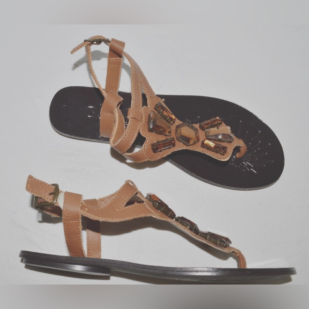 NAUGHTY MONKEY NEW 8 M BROWN LEATHER STONE DECOR FLAT GLADIATOR SANDALS Thong